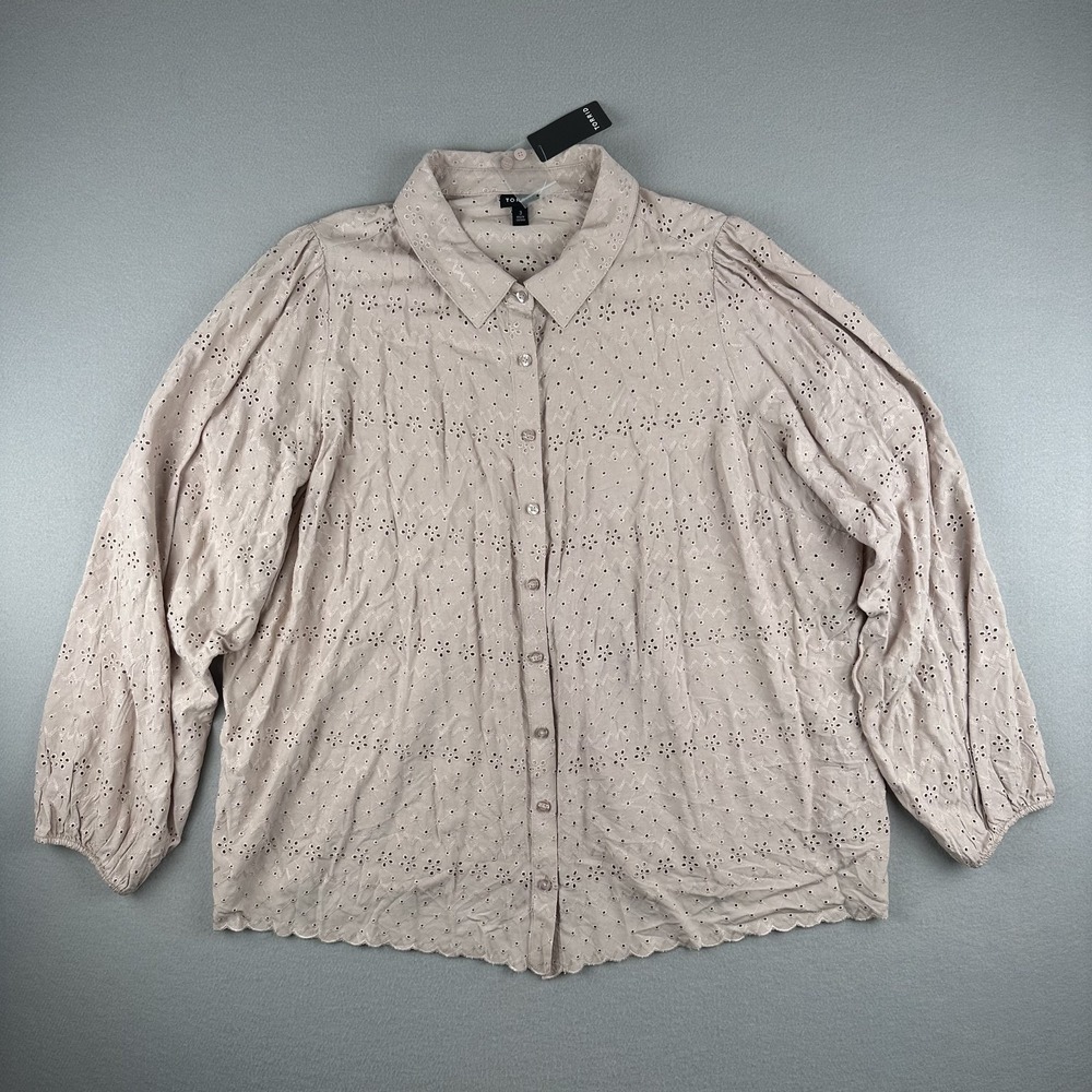 Torrid Eyelet Button Up Shirt Women 3X Mushroom‎ Beige Long Sleeve Peplum Boho